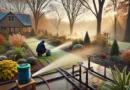 A backyard garden with irrigation pipes being winterized, including a technician using an air compressor to blow out water. Frost is on the ground, and trees in the background are shedding leaves.