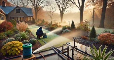 A backyard garden with irrigation pipes being winterized, including a technician using an air compressor to blow out water. Frost is on the ground, and trees in the background are shedding leaves.