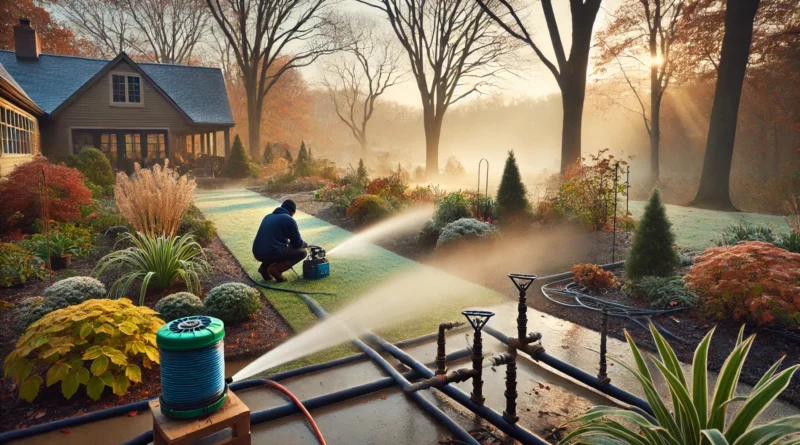 A backyard garden with irrigation pipes being winterized, including a technician using an air compressor to blow out water. Frost is on the ground, and trees in the background are shedding leaves.