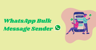 Illustration of two people interacting with a large smartphone displaying chats, alongside text reading "WhatsApp Bulk Message Sender" and a WhatsApp icon on a light green background.