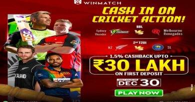 Promotional banner for Winmatch360 highlighting cricket matches, cashback offer up to ₹30 Lakh on the first deposit, featuring Sydney Thunder vs Melbourne Renegades and New Zealand vs Sri Lanka on December 30.