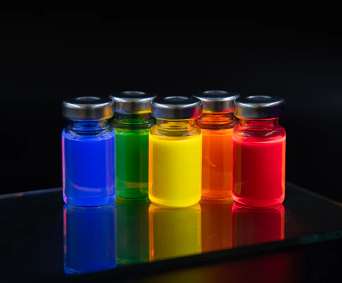 Five glass vials containing fluorescent liquids in blue, green, yellow, orange, and red, glowing under UV light on a reflective surface