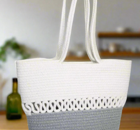 White & Gray Woven Tote Bag with Loop Detailing