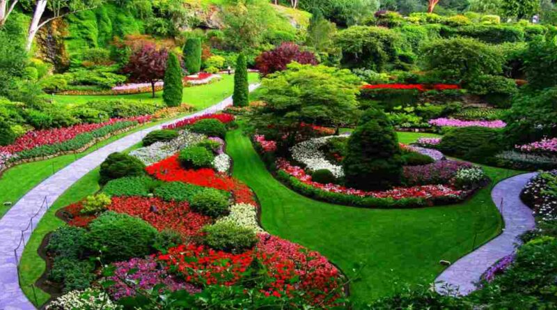 A vibrant garden filled with various flowers and trees, featuring the picturesque Butchart Gardens in the background.