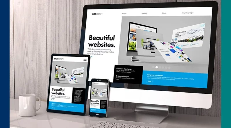 Responsive website design displayed on desktop, tablet, and smartphone, showcasing a clean and modern interface.