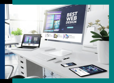 A modern workspace with a desktop computer, laptop, tablet, and smartphone displaying a "Best Web Design" website, emphasizing responsive design.